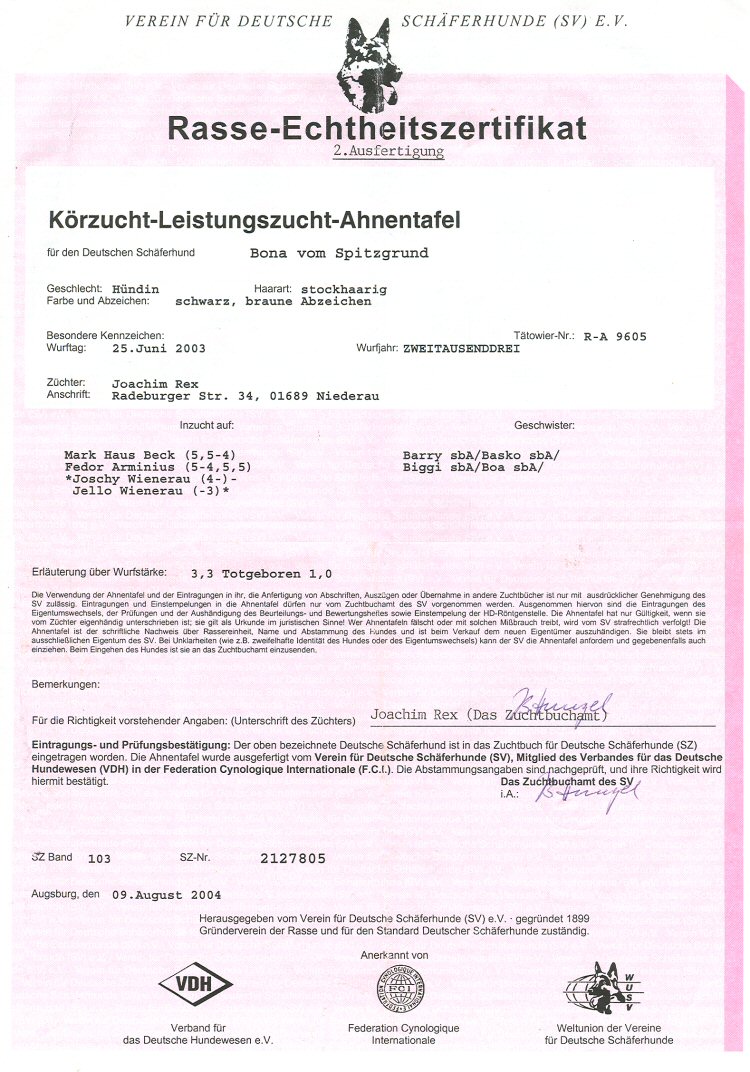 V Bona vom Spitzgrund Sch1 German import female pedigree